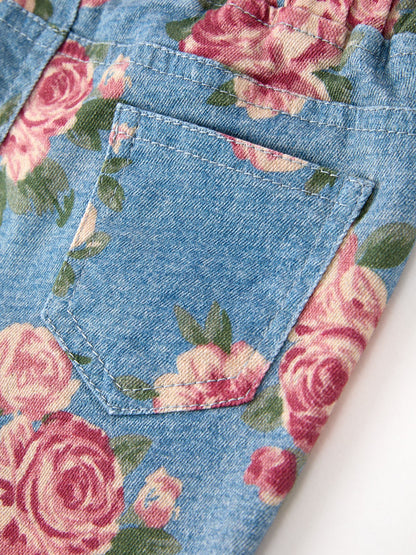 Girls Floral Denim Bell Bottom Pants Rose Print Flare Jeans
