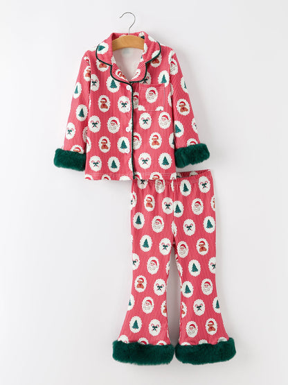 Mommy and Me Christmas Santa Print Pajama Set with Fur Trim