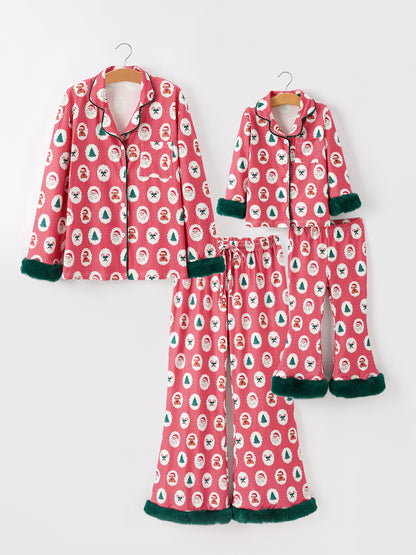 Mommy and Me Christmas Santa Print Pajama Set with Fur Trim