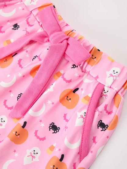 Halloween Pumpkin Ghost Print Girls Pajama Set Long Sleeve Top and Shorts