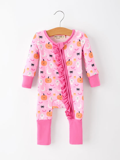 Halloween Pumpkin Ghost Print Baby Girl Pajamas Ruffle Zipper Romper