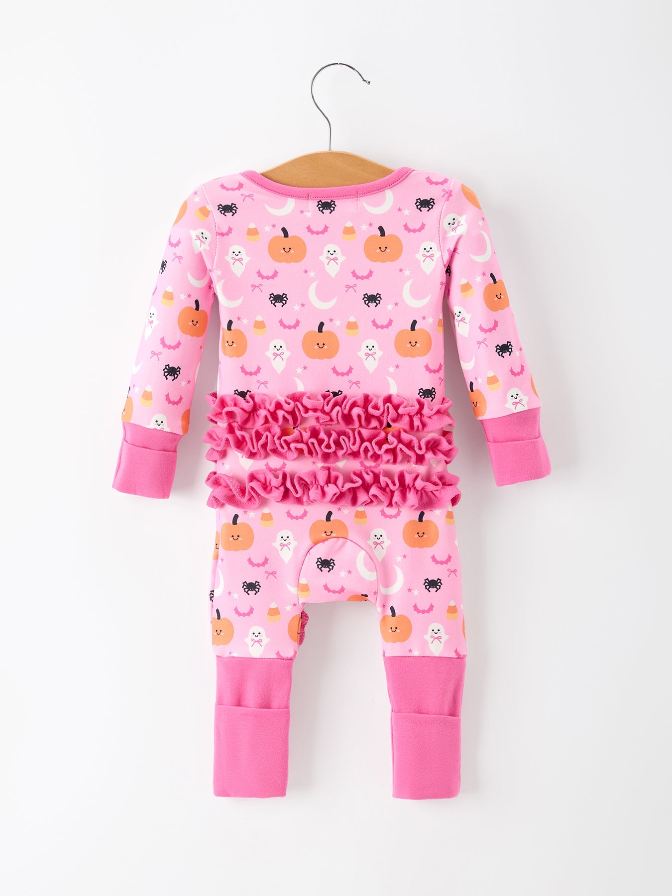 Halloween Pumpkin Ghost Print Baby Girl Pajamas Ruffle Zipper Romper