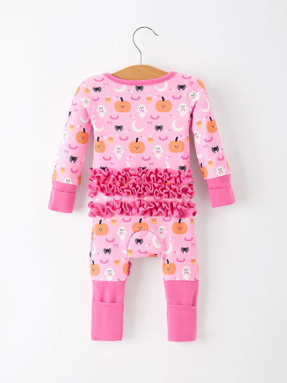Halloween Pumpkin Ghost Print Baby Girl Pajamas Ruffle Zipper Romper
