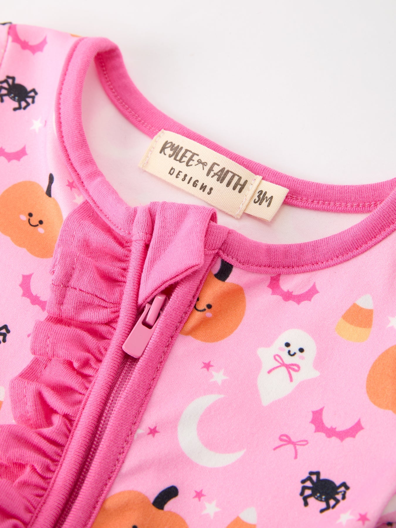 Halloween Pumpkin Ghost Print Baby Girl Pajamas Ruffle Zipper Romper