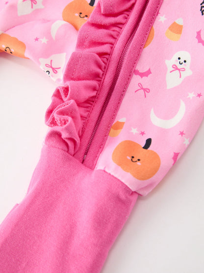 Halloween Pumpkin Ghost Print Baby Girl Pajamas Ruffle Zipper Romper