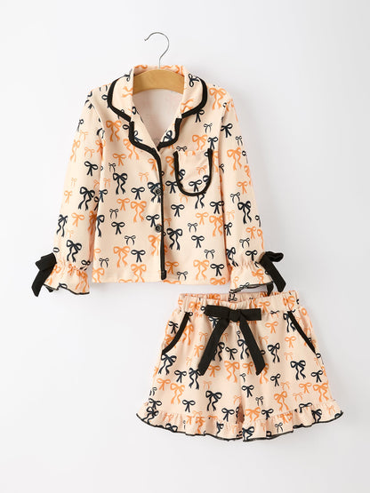 Halloween Bow Print Girls Pajama Set Long Sleeve Top and Shorts