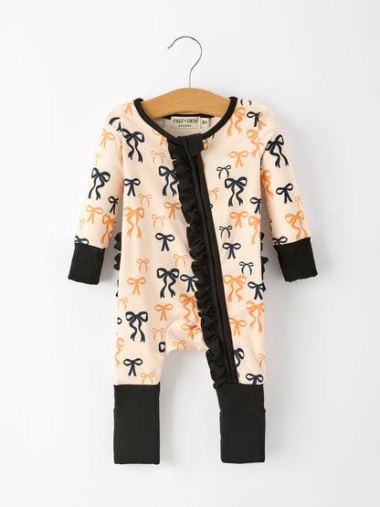 Halloween Bow Print Baby Girl Pajamas Ruffle Zipper Romper
