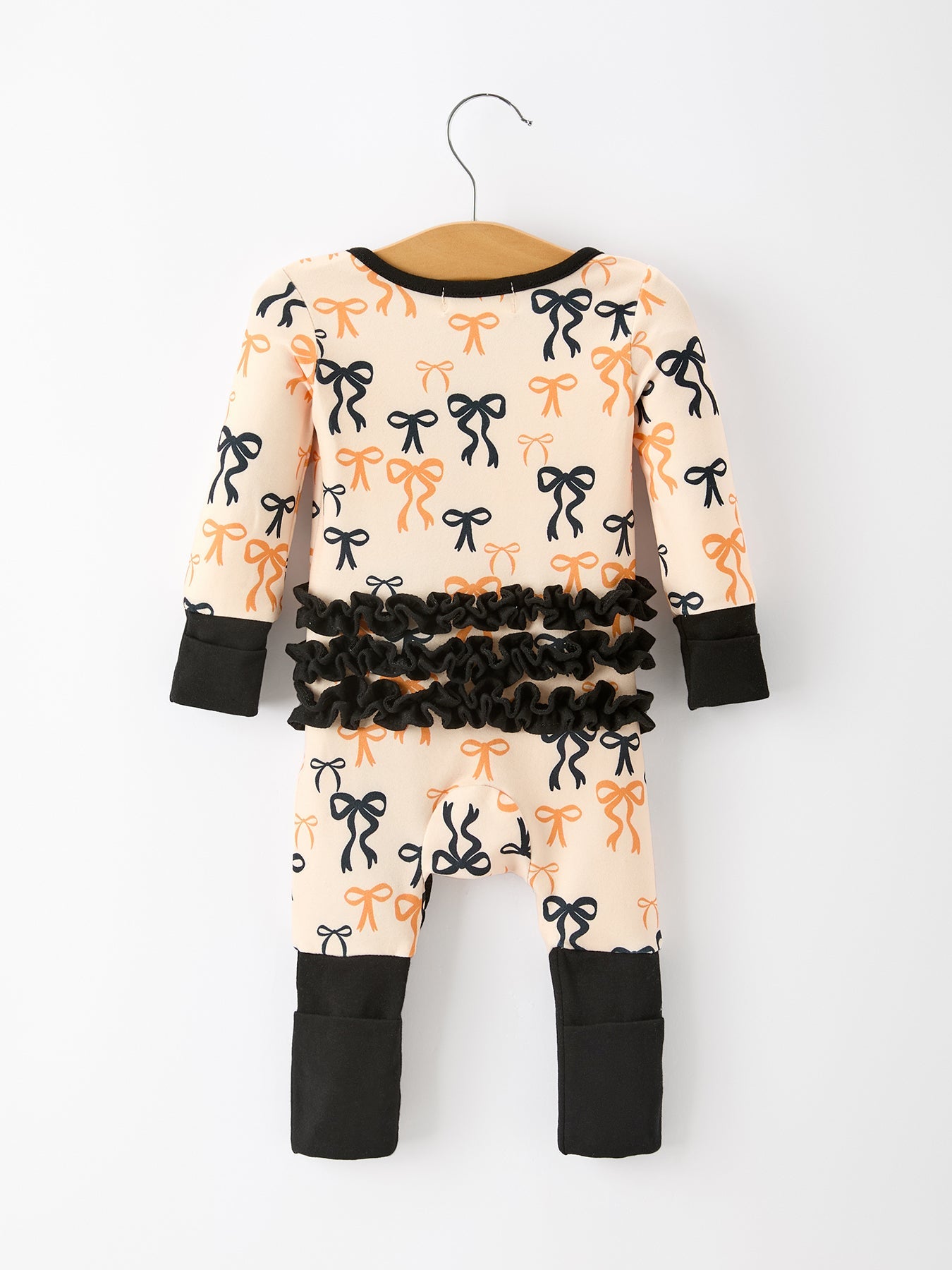 Halloween Bow Print Baby Girl Pajamas Ruffle Zipper Romper