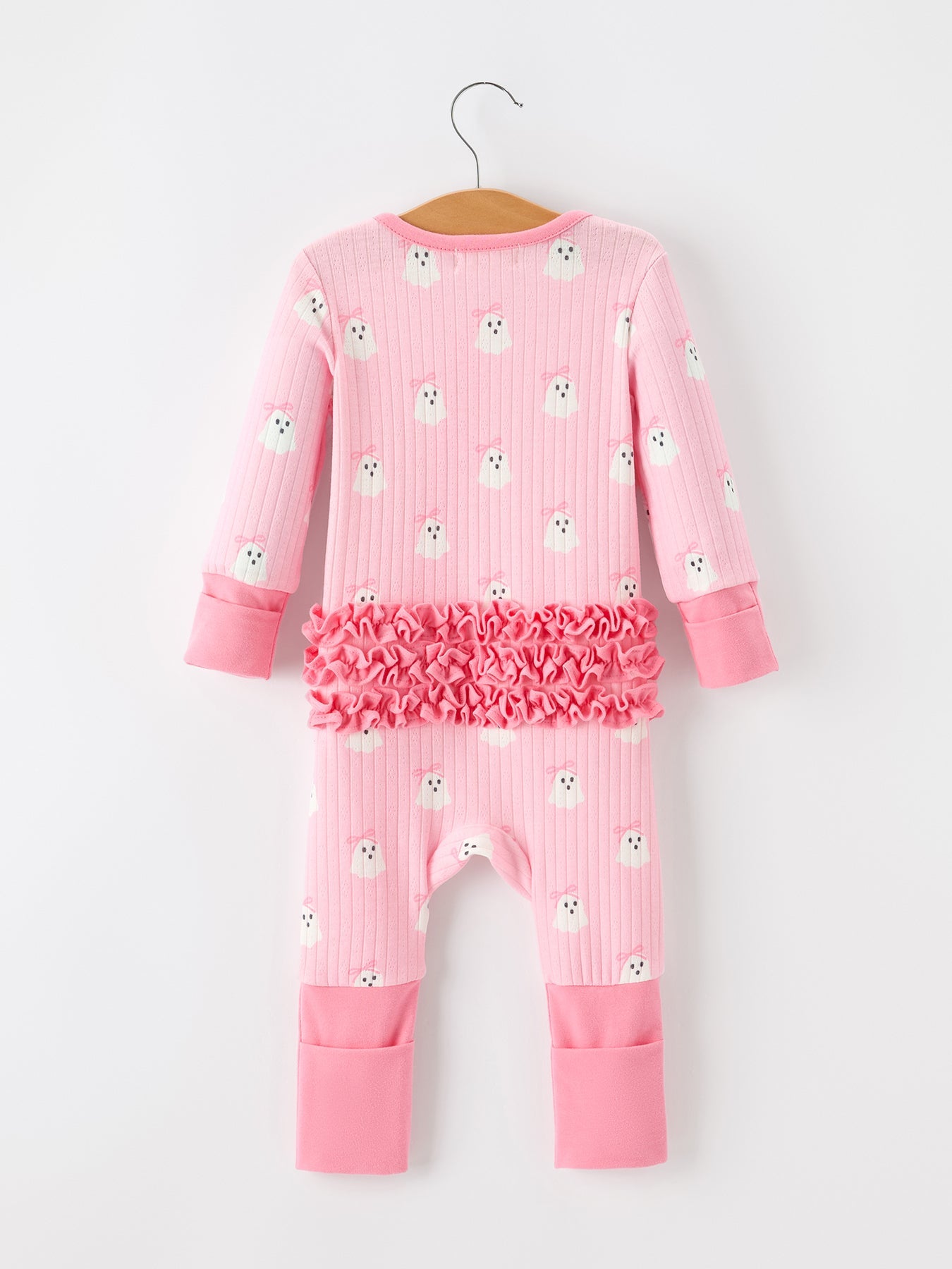 Halloween Ghost Baby Girl Pink Pajamas Ruffle Zipper Romper