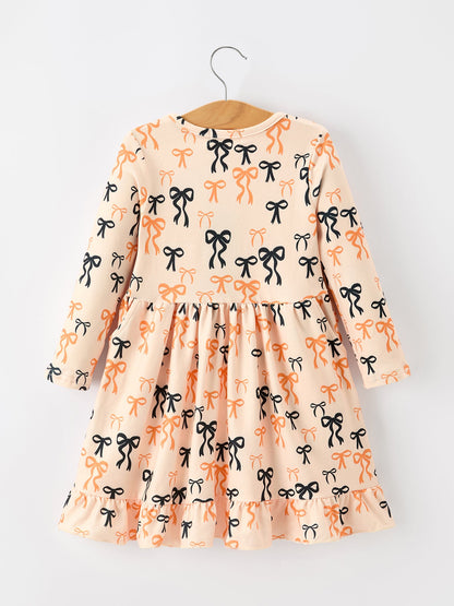 Halloween Bow Print Girls Twirl Dress Long Sleeve with Pockets