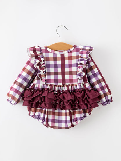 Fall Plaid Bow Ruffle Girls Bubble Romper