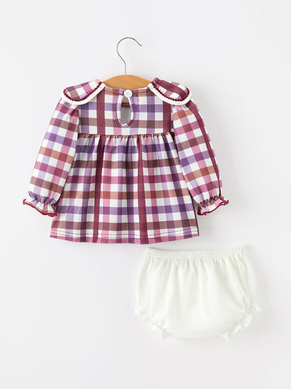 Fall Plaid Petals Collar Girls Bloomer Set