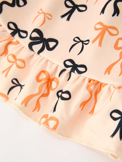 Halloween Bow Print Girls Twirl Dress Long Sleeve with Pockets