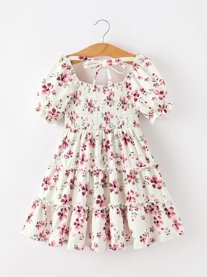 Floral Ruffle Girls Dress Puff Sleeve Party Dress