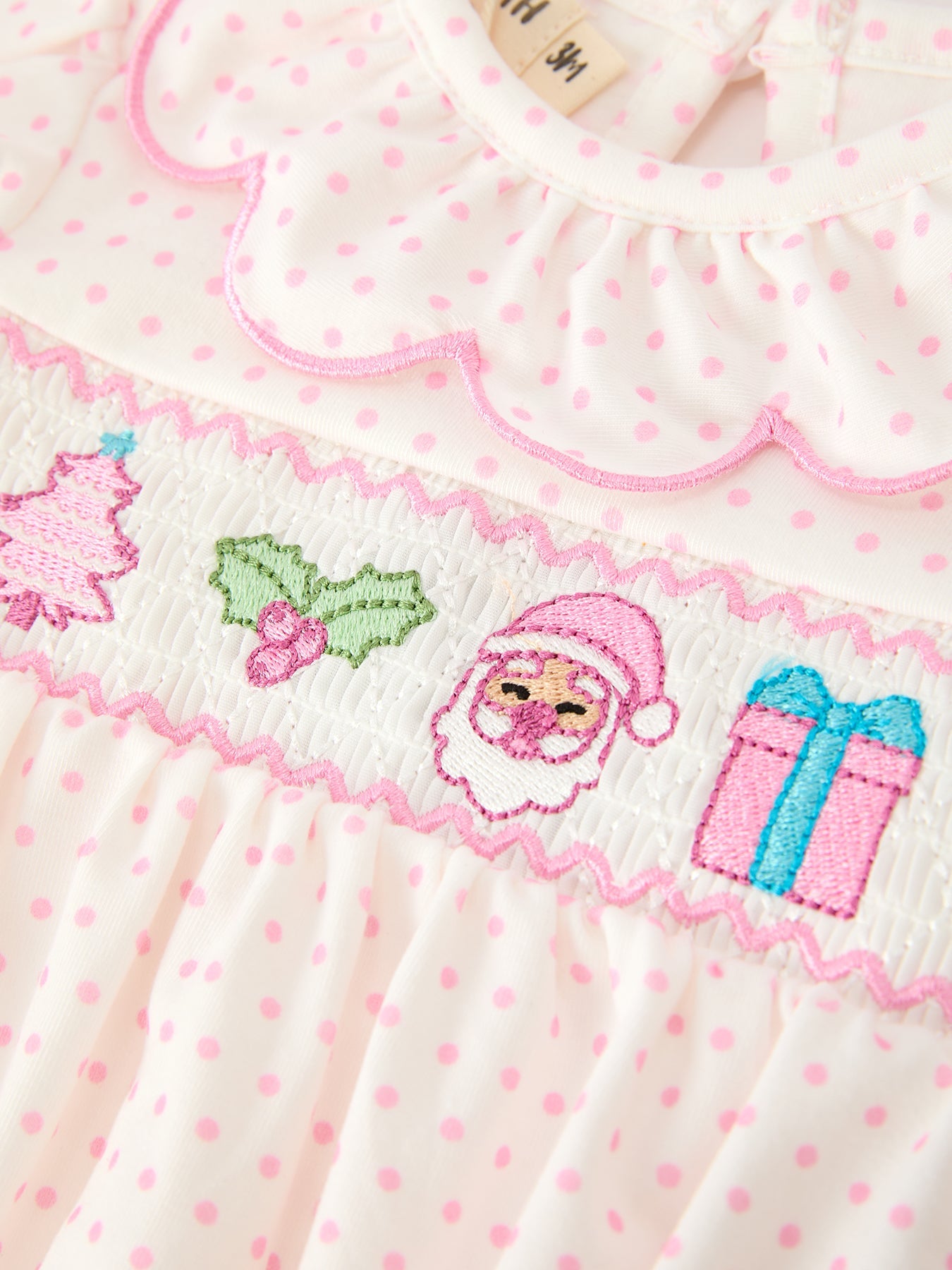 Christmas Smocked Baby Girl Bubble Romper Embroidered Ruffle Collar