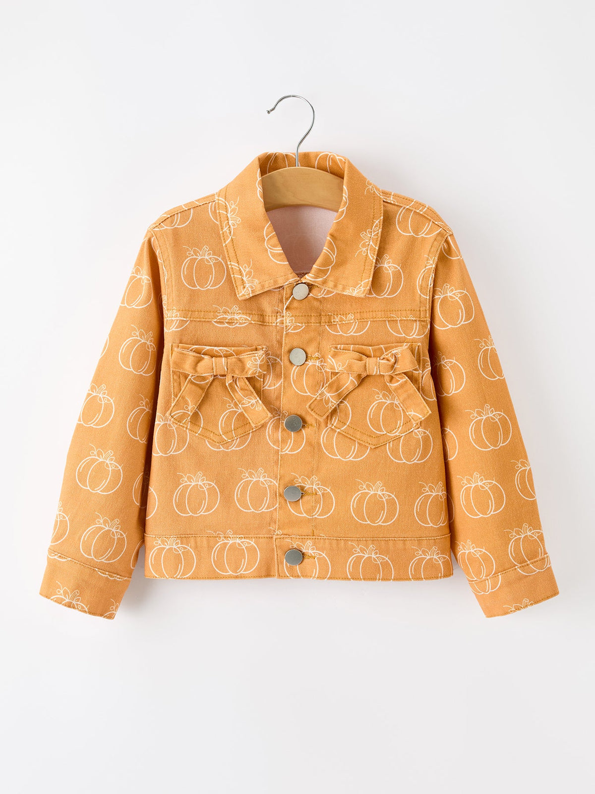 Fall Girls Pumpkin Print Bow Denim Jacket