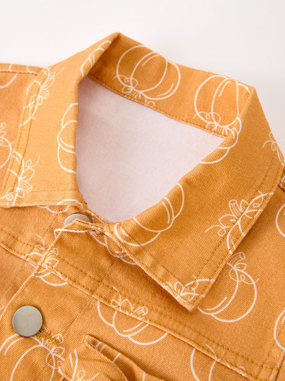 Fall Girls Pumpkin Print Bow Denim Jacket