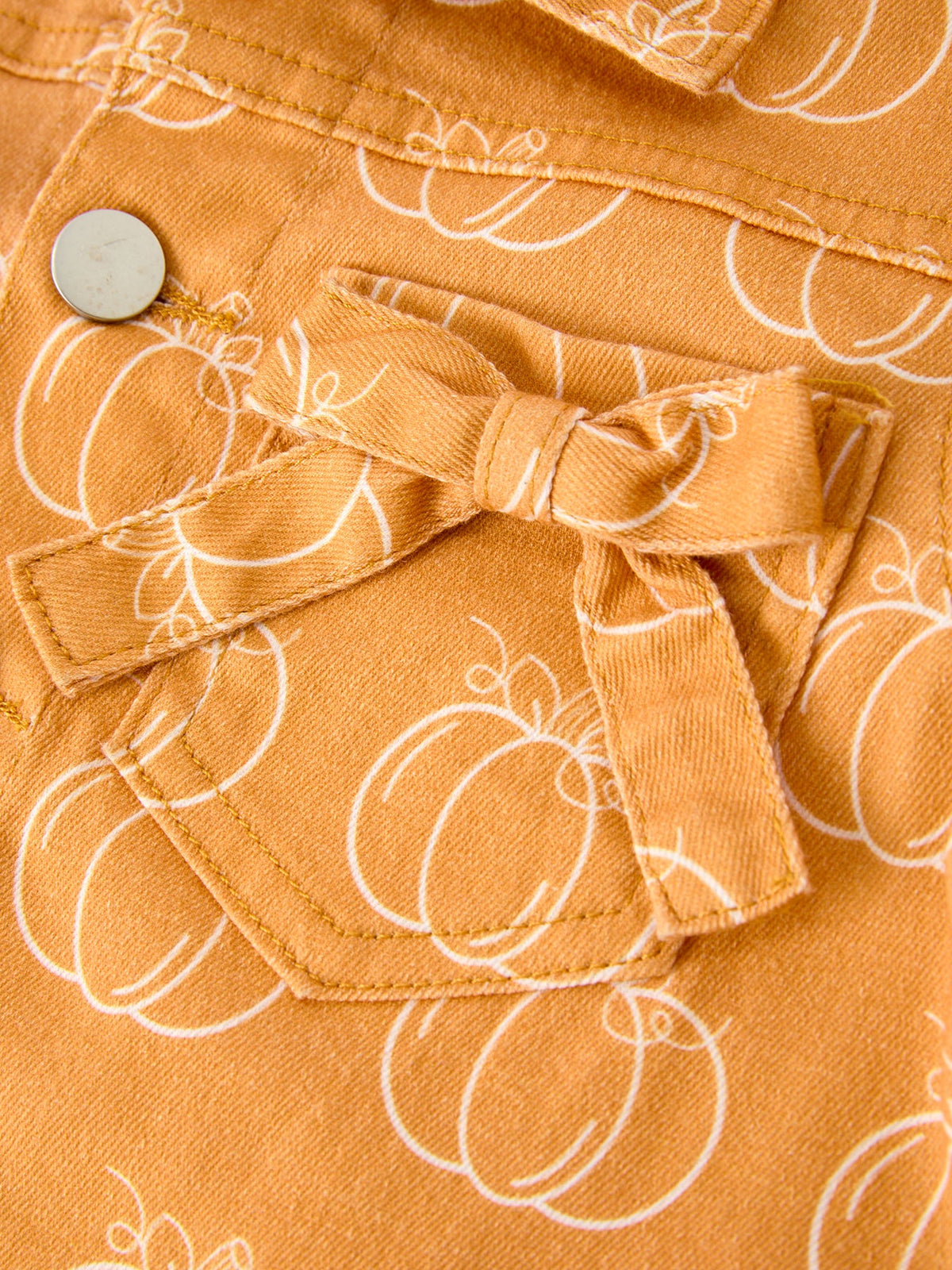 Fall Girls Pumpkin Print Bow Denim Jacket