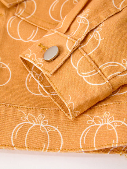 Fall Girls Pumpkin Print Bow Denim Jacket