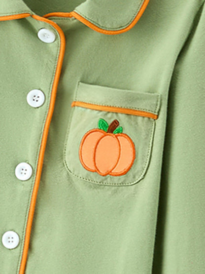 Fall Green Kids Pajamas Set Pumpkin Embroidery Button Sleepwear