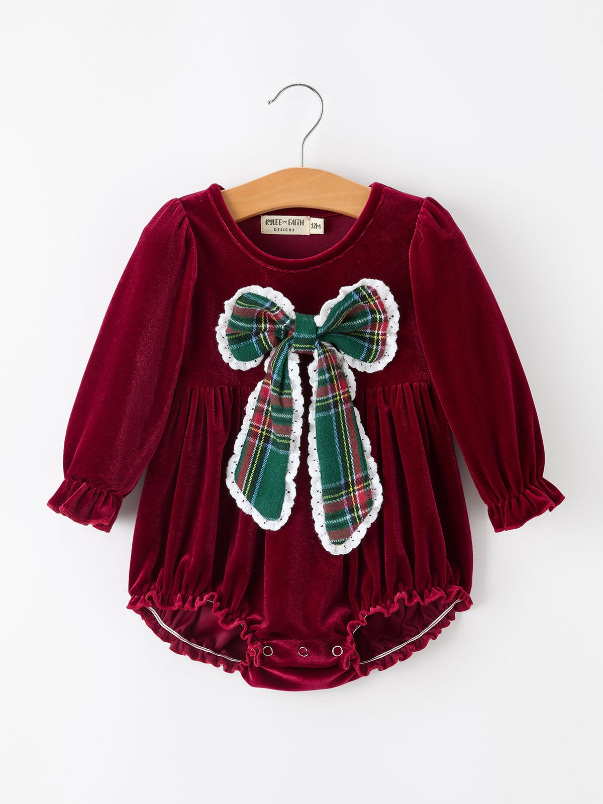 Baby Girls Christmas Burgundy Velvet Plaid Bow Romper