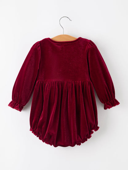 Baby Girls Christmas Burgundy Velvet Plaid Bow Romper