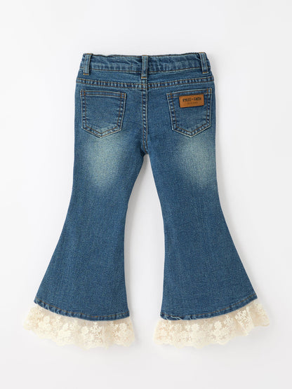 Girls Denim Lace Trim Bell Bottom Jeans