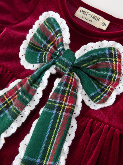 Baby Girls Christmas Burgundy Velvet Plaid Bow Romper