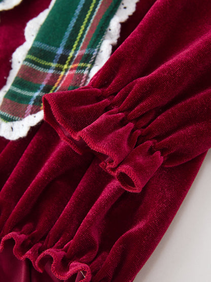 Baby Girls Christmas Burgundy Velvet Plaid Bow Romper