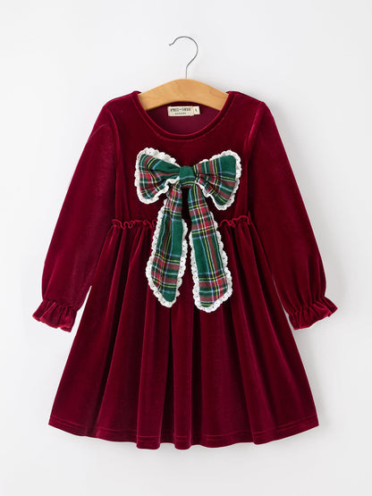 Girls Christmas Burgundy Velvet Plaid Bow Dress