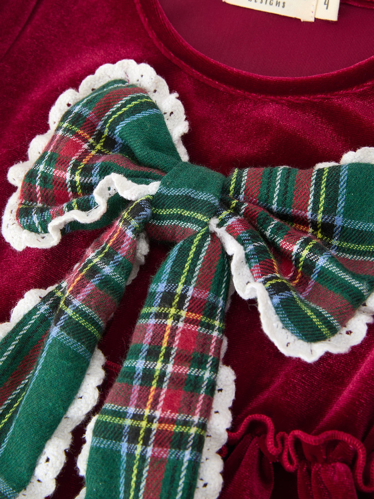 Girls Christmas Burgundy Velvet Plaid Bow Dress