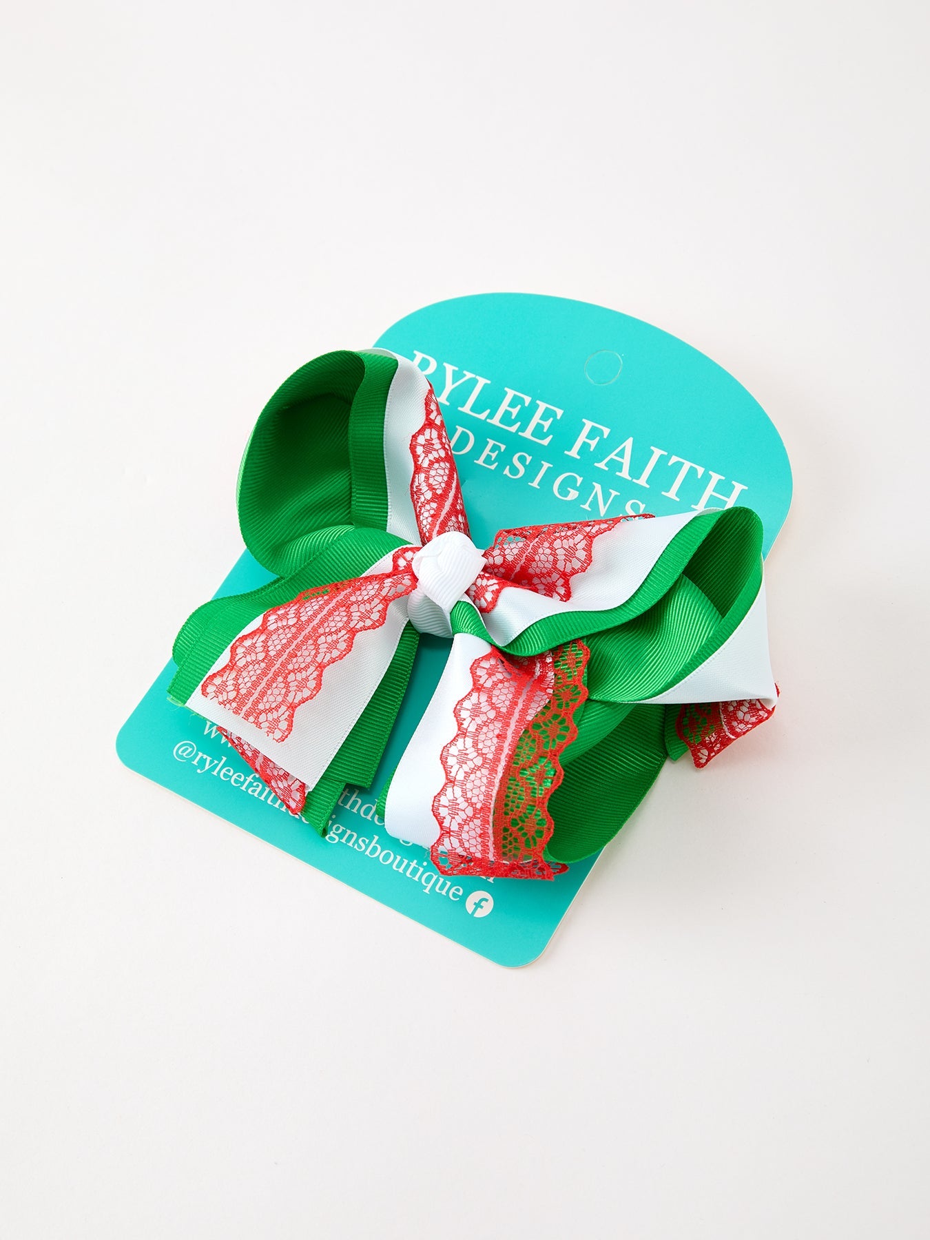 Christmas Red Lace Green Layered Bow Hair Clip 6.3 Inches
