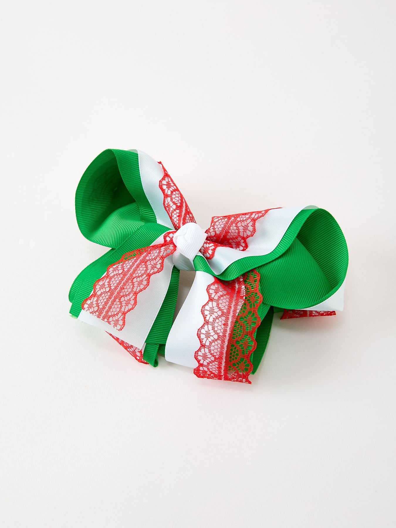 Christmas Red Lace Green Layered Bow Hair Clip 6.3 Inches