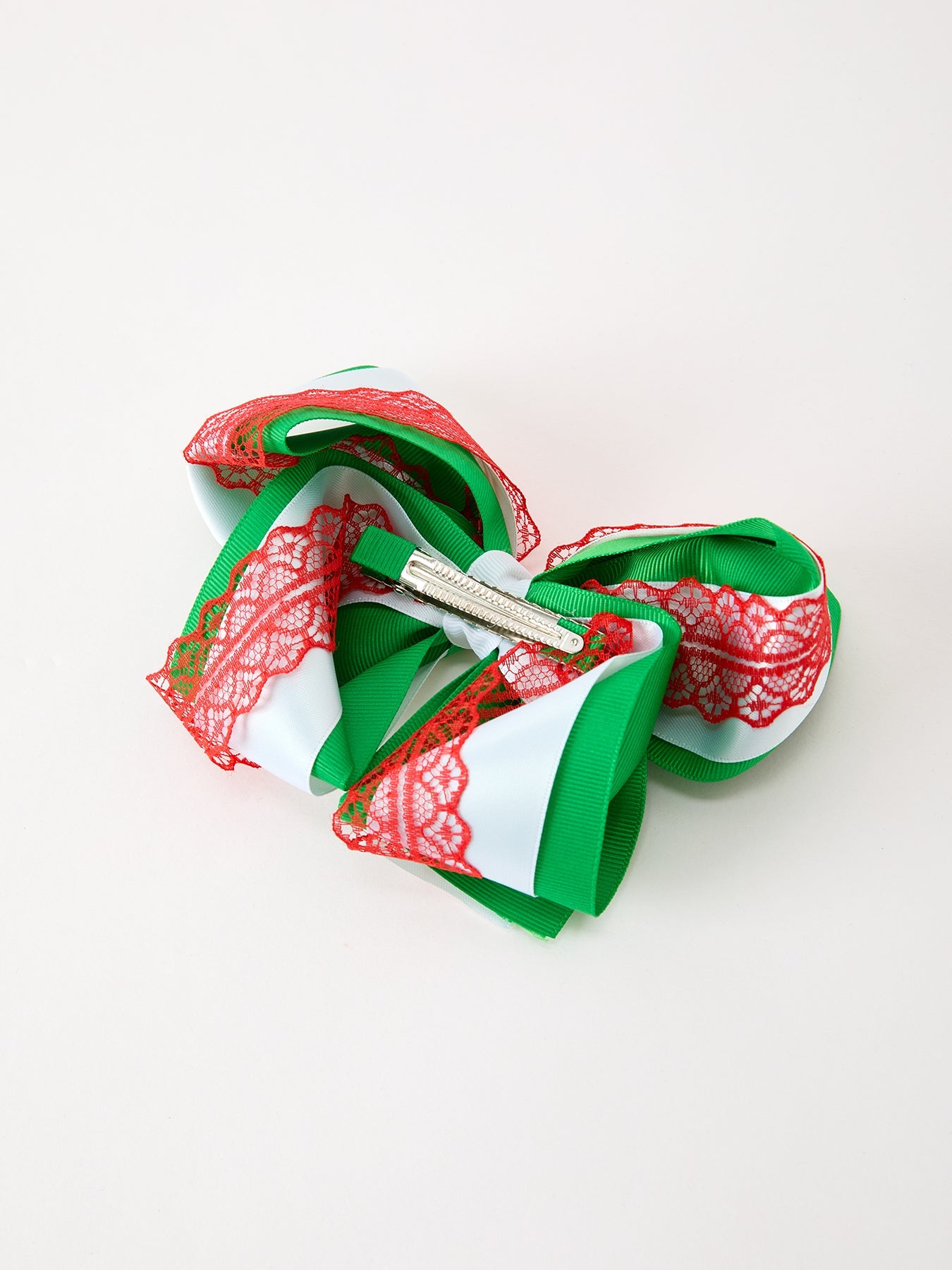 Christmas Red Lace Green Layered Bow Hair Clip 6.3 Inches
