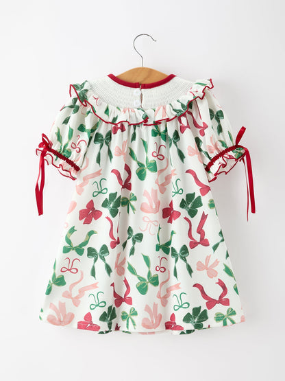 Christmas Girls Holly Jolly Bow Smocked Ruffle Dress