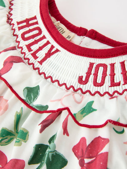 Christmas Baby Girls Holly Jolly Smocked Bubble Romper