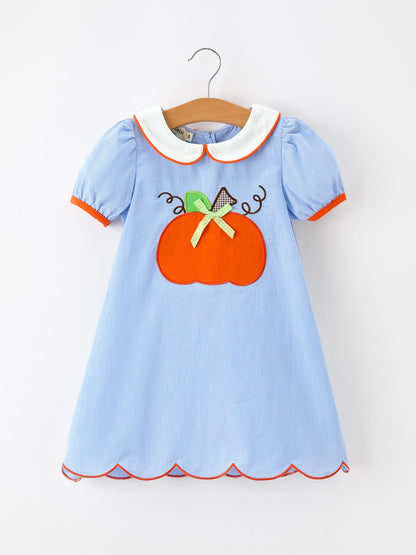 Fall Girls Plaid Pumpkin Appliqué Peter Pan Collar Dress