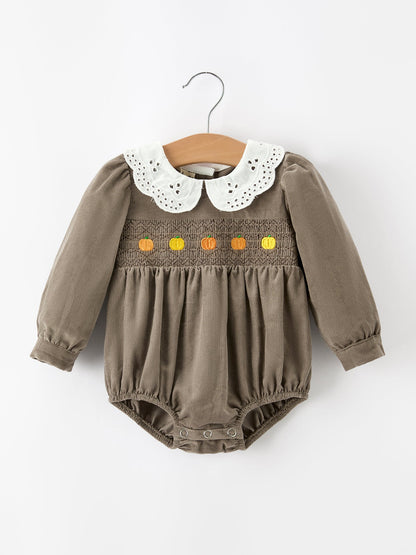 Fall Baby Girls Pumpkin Smocked Eyelet Collar Romper