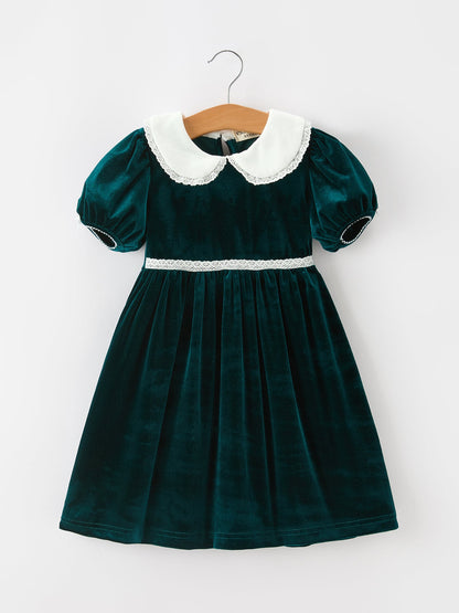 Girls Emerald Green Velvet Lace Collar Christmas Dress