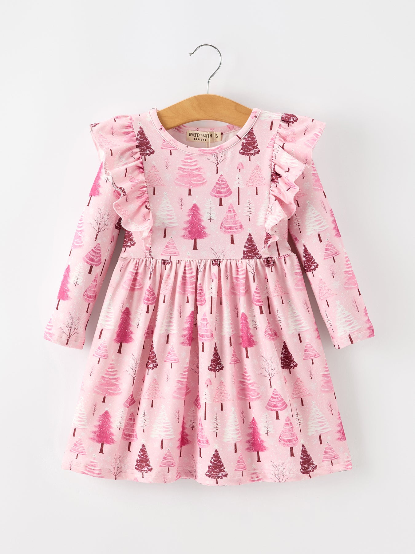 Christmas Tree Print Girls Pink Ruffle Long Sleeve Dress