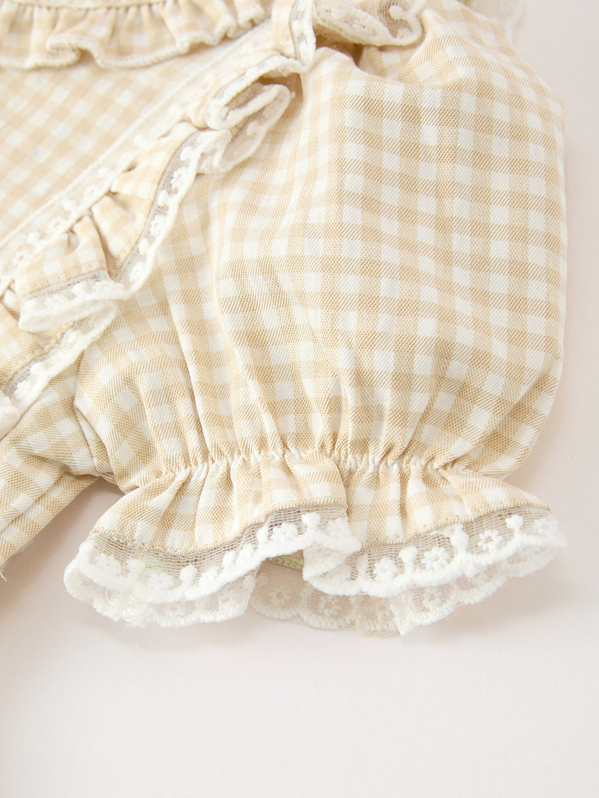 Girls Goose Embroidered Beige Plaid Ruffle Dress
