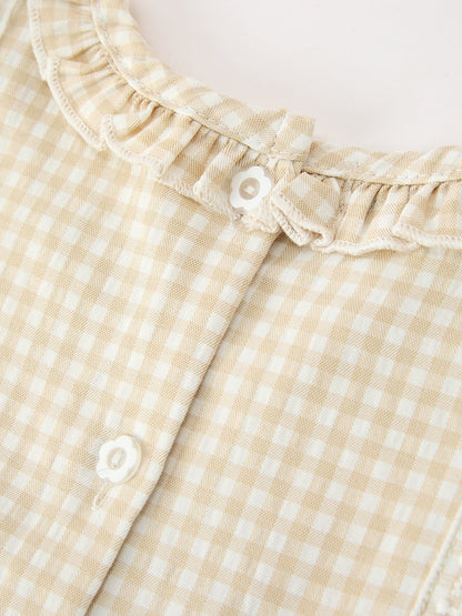 Girls Goose Embroidered Beige Plaid Ruffle Dress