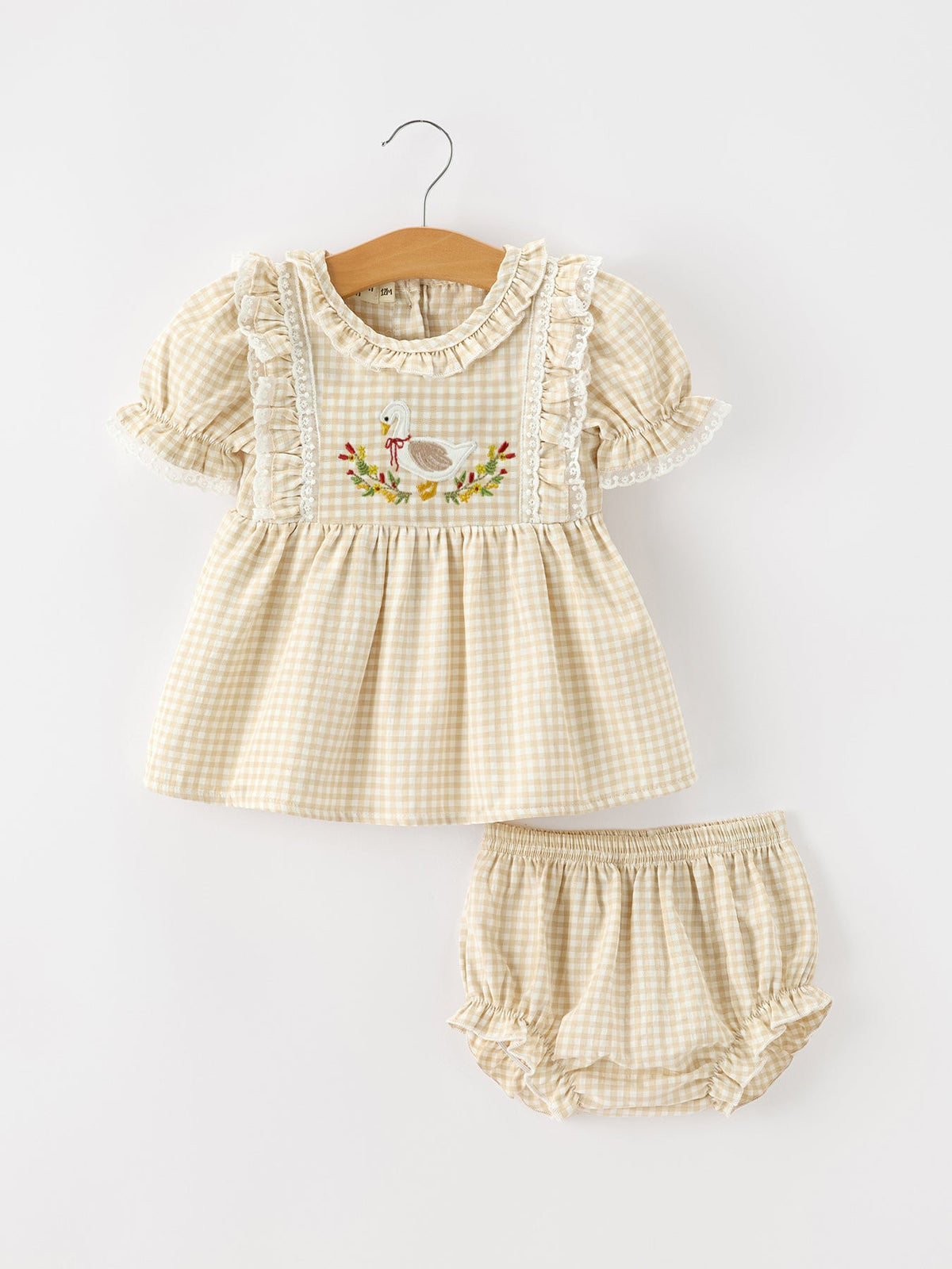 Baby Girls Goose Embroidered Beige Plaid Ruffle Bloomer Set