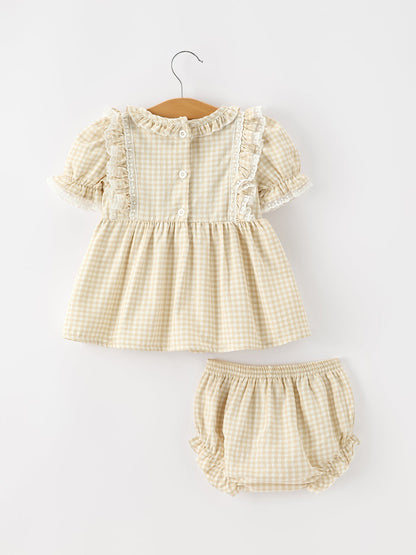Baby Girls Goose Embroidered Beige Plaid Ruffle Bloomer Set
