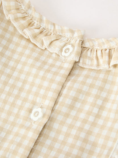 Baby Girls Goose Embroidered Beige Plaid Ruffle Bloomer Set