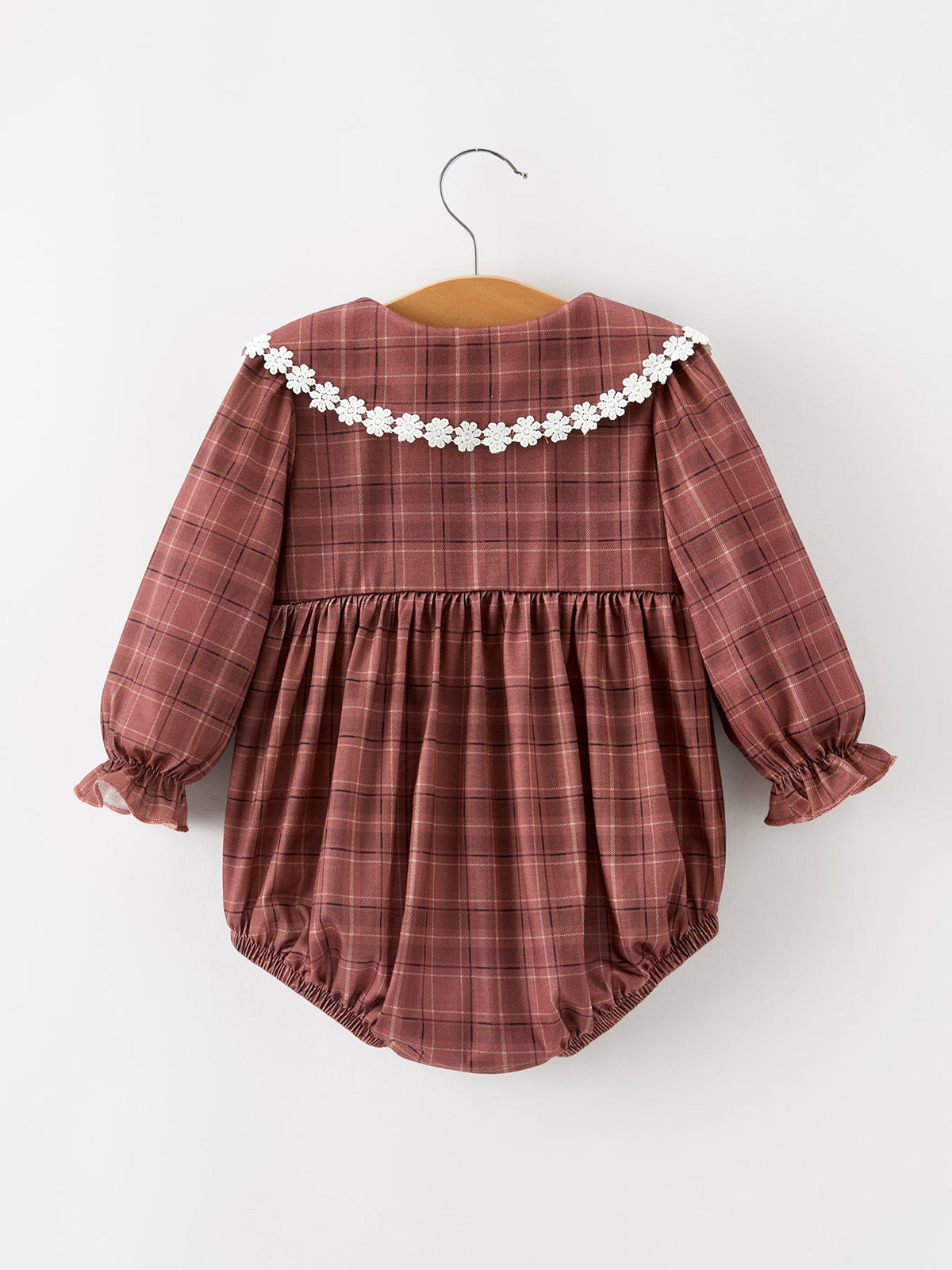 Baby Girls Brown Plaid Floral Lace Collar Romper