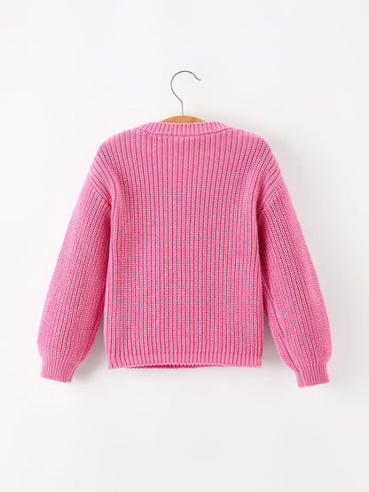 Valentine Girls Pink Heart Script Embroidered Knit Sweater