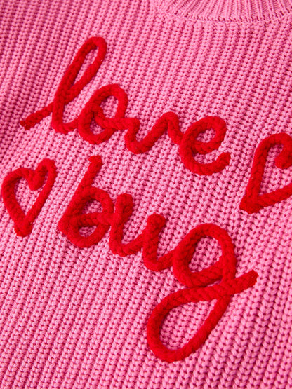 Valentine Girls Pink Heart Script Embroidered Knit Sweater