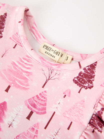 Christmas Tree Print Girls Pink Ruffle Long Sleeve Dress