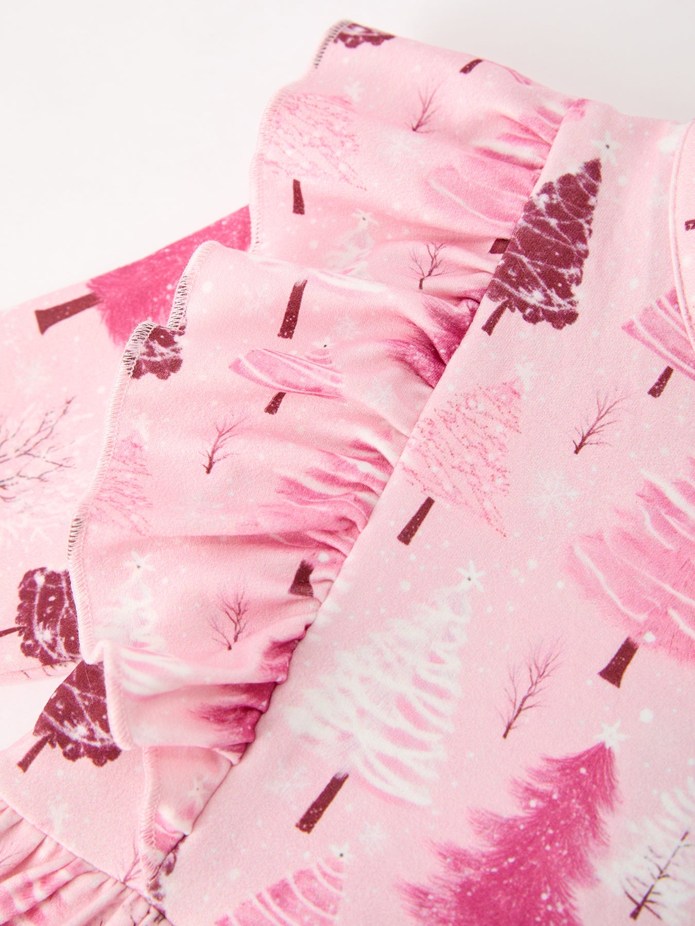 Christmas Tree Print Girls Pink Ruffle Long Sleeve Dress
